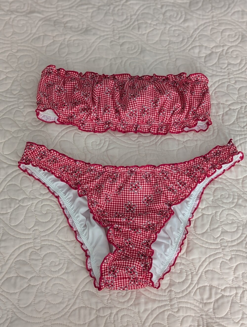 PINK x Frankie's Bikinis Red Checkered Floral Bandeau Bikini Set - Medium